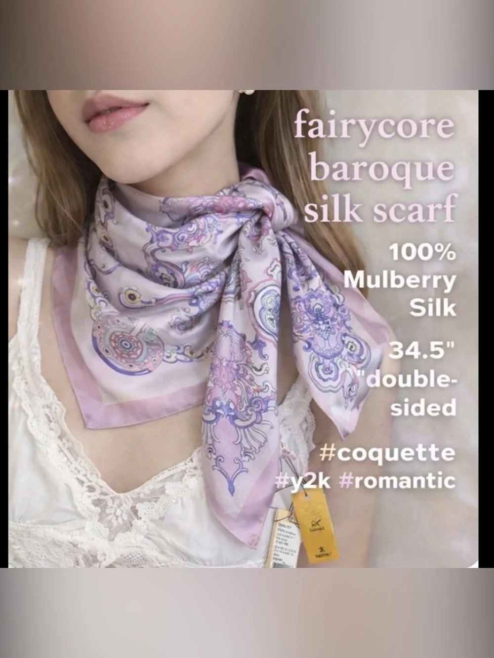 Wensli Silk Scarf NWT Pink Purple Fairy Print Square 34.5” Double-Sided NEW